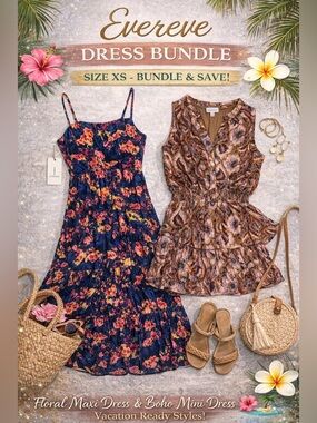 Evereve XS Bundle Boho Floral Dresses Maxi + Mini Vacation Summer Outfit Set